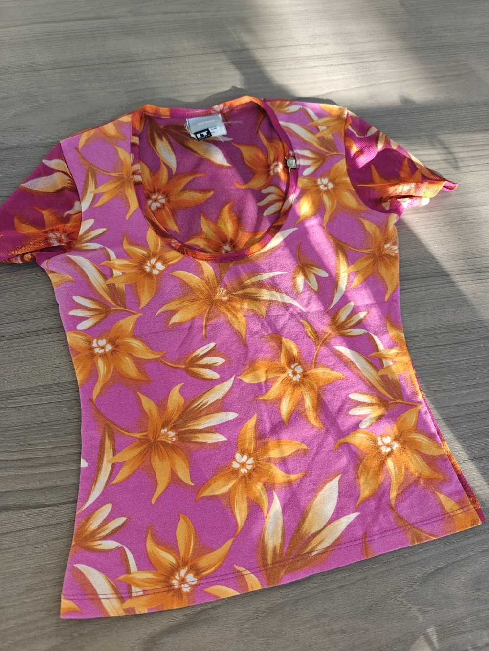 Versace Jeans Collection Pink Scoop Neck Floral Tee with Orange Flowers